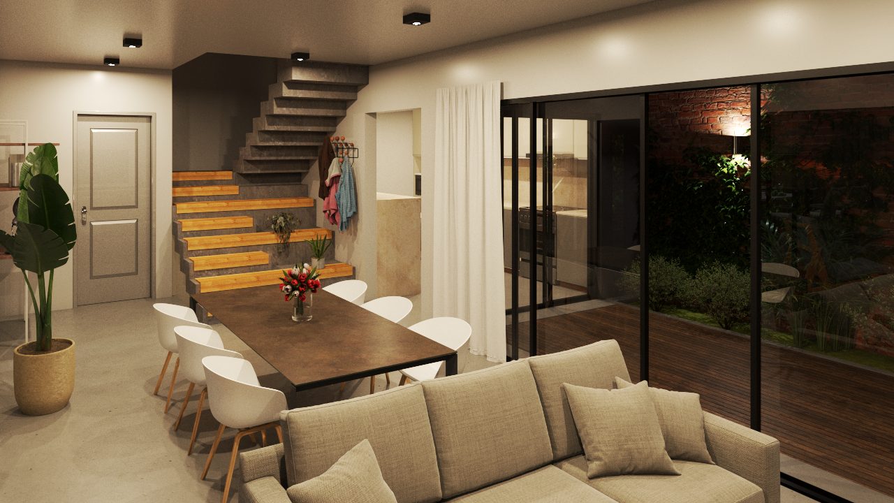 Estar, comedor y escalera